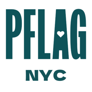 PFLAG NYC logo is dark green "PFLAG" in large text and a white heart as the center of the "A" followed by smaller text reading "NYC."