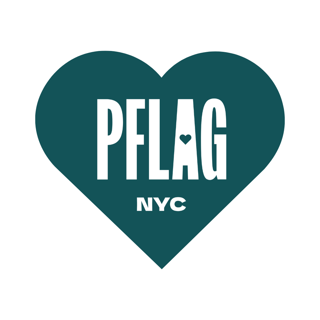 A teal heart with the PFLAG NYC logo inside of it in white