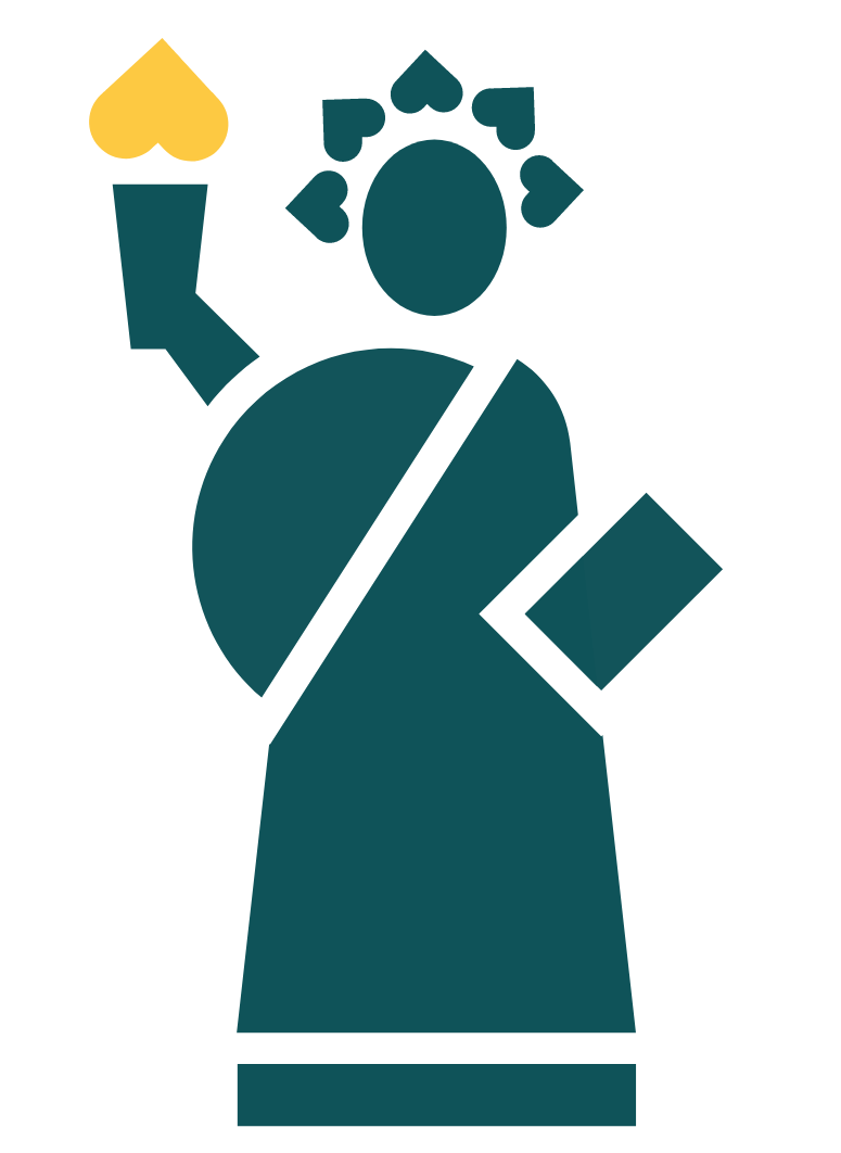 A teal and yellow icon of the Statue of Liberty