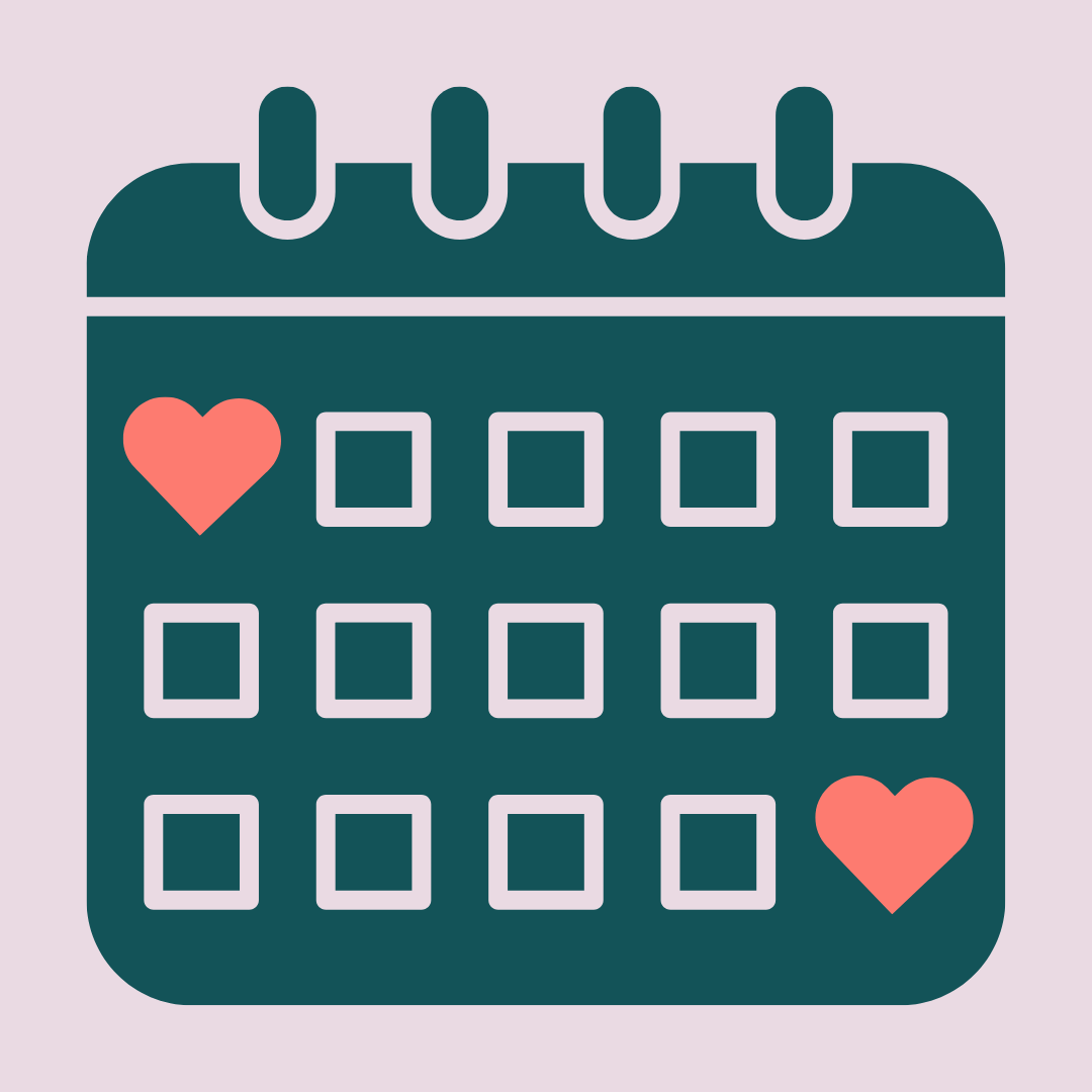 An icon of a teal calendar with two coral hearts on it