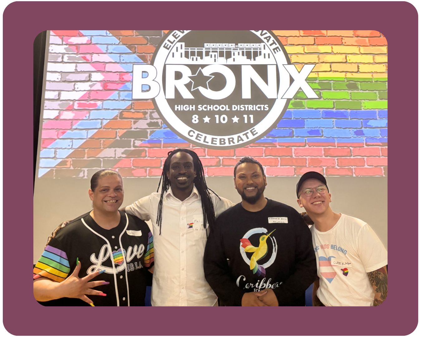 A purple-framed photo of a PFLAG employee smiling alongside three other volunteers at Bronx schools Pride event