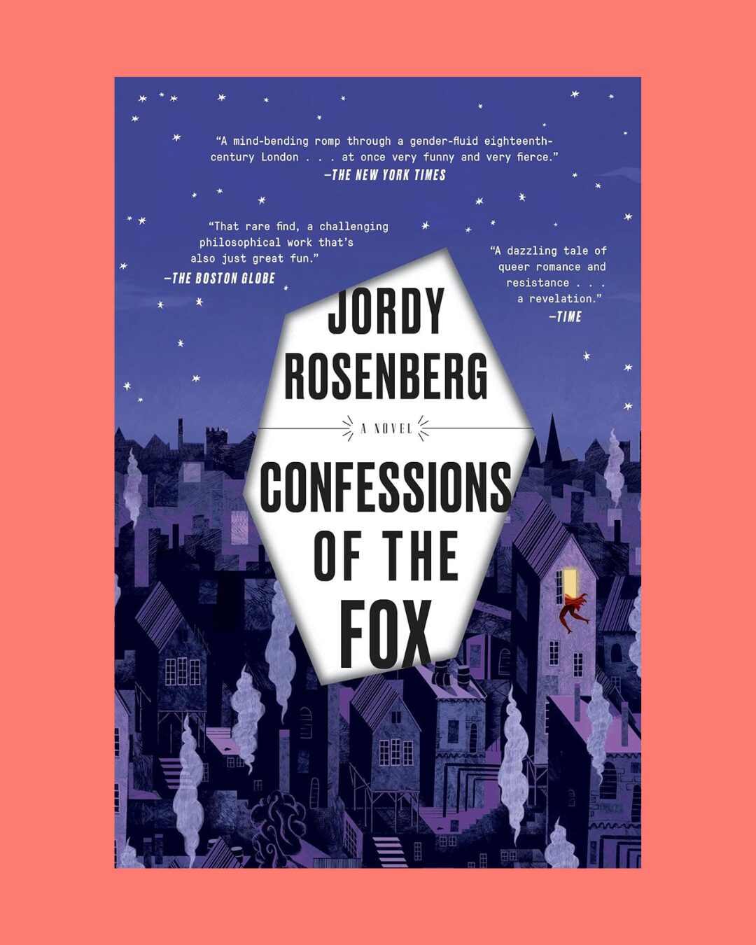 The cover of the book Confessions of the Fox on a coral background