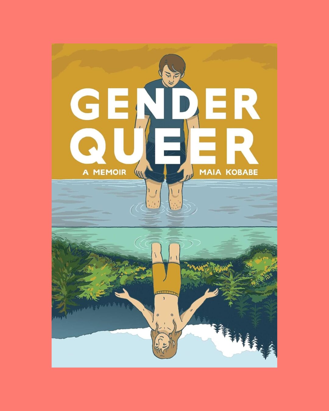 The cover of the book Gender Queer on a coral background