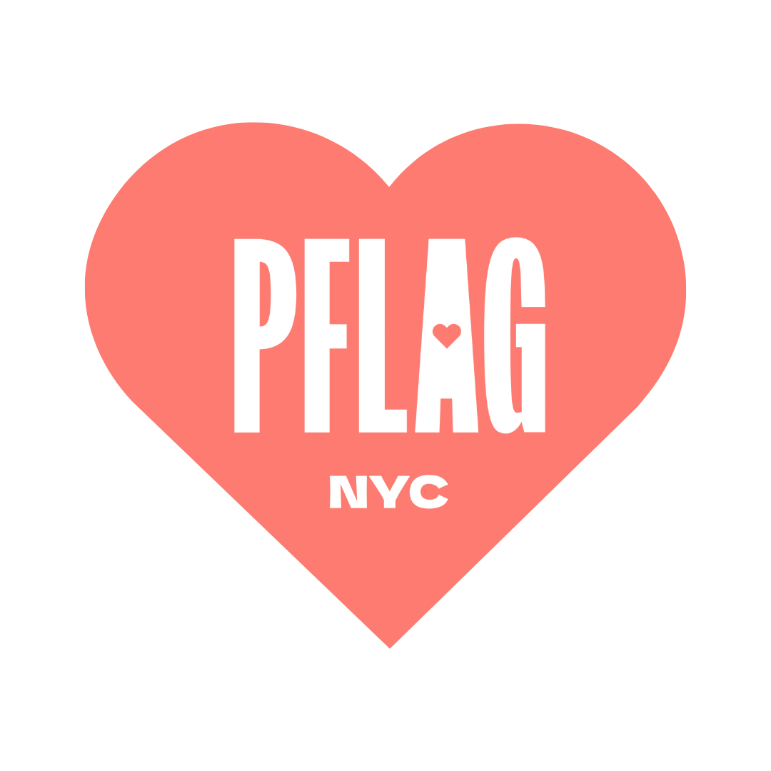 A coral heart with the PFLAG NYC logo inside of it in white