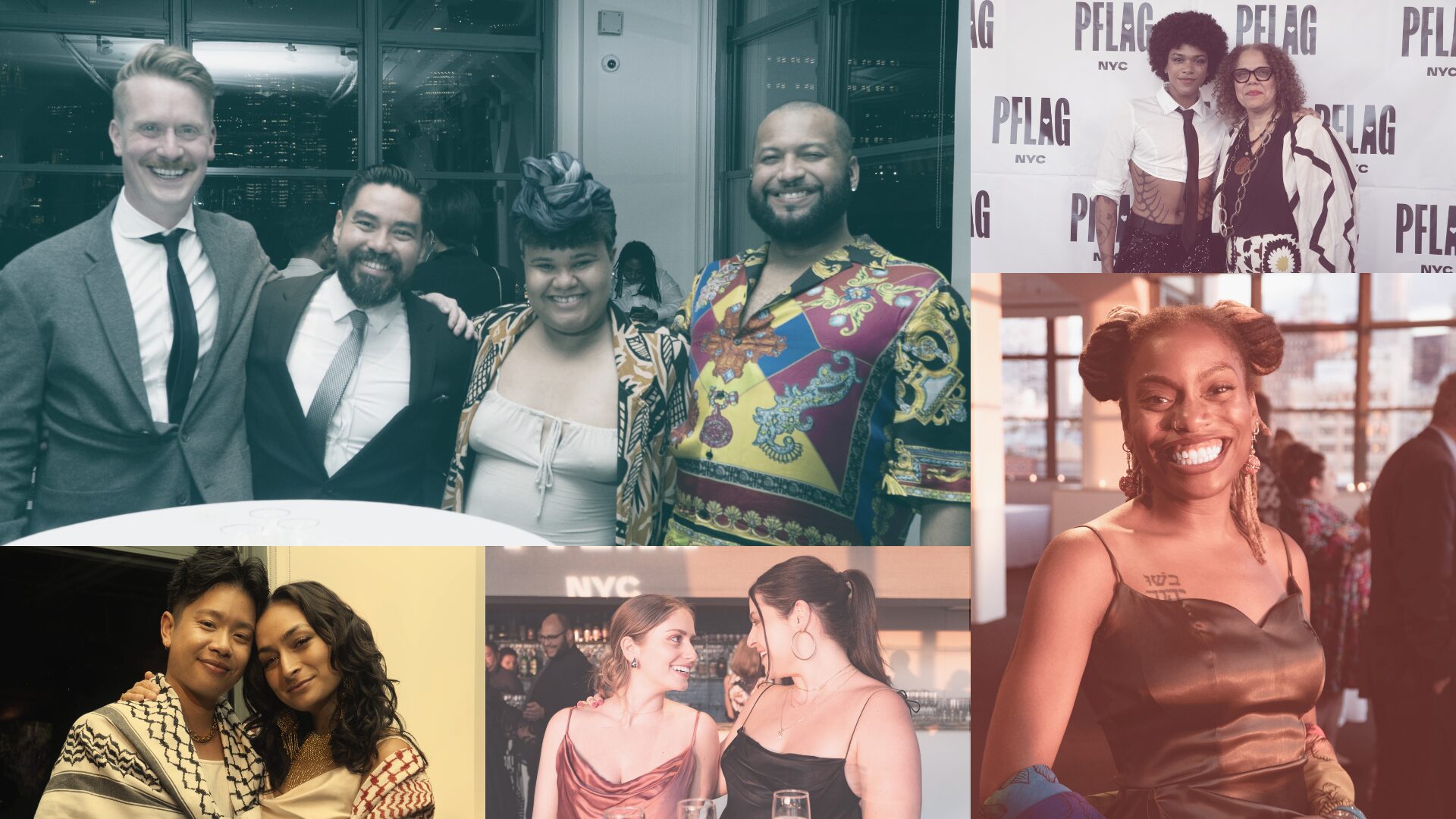 A grid of 5 photos featuring people of diverse races and genders dressed up for PFLAG NYC's annual gala and smiling. The colors of the photos have been shifted to match PFLAG NYC's brand colors