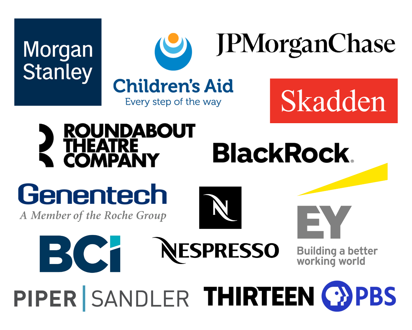 An image with a dozen logos for corporations and nonprofits that PFLAG NYC has worked with, including Morgan Stanley, Children's Aid, Roundabout Theatre Company, Genentech, Skadden, Nespresso, and more.