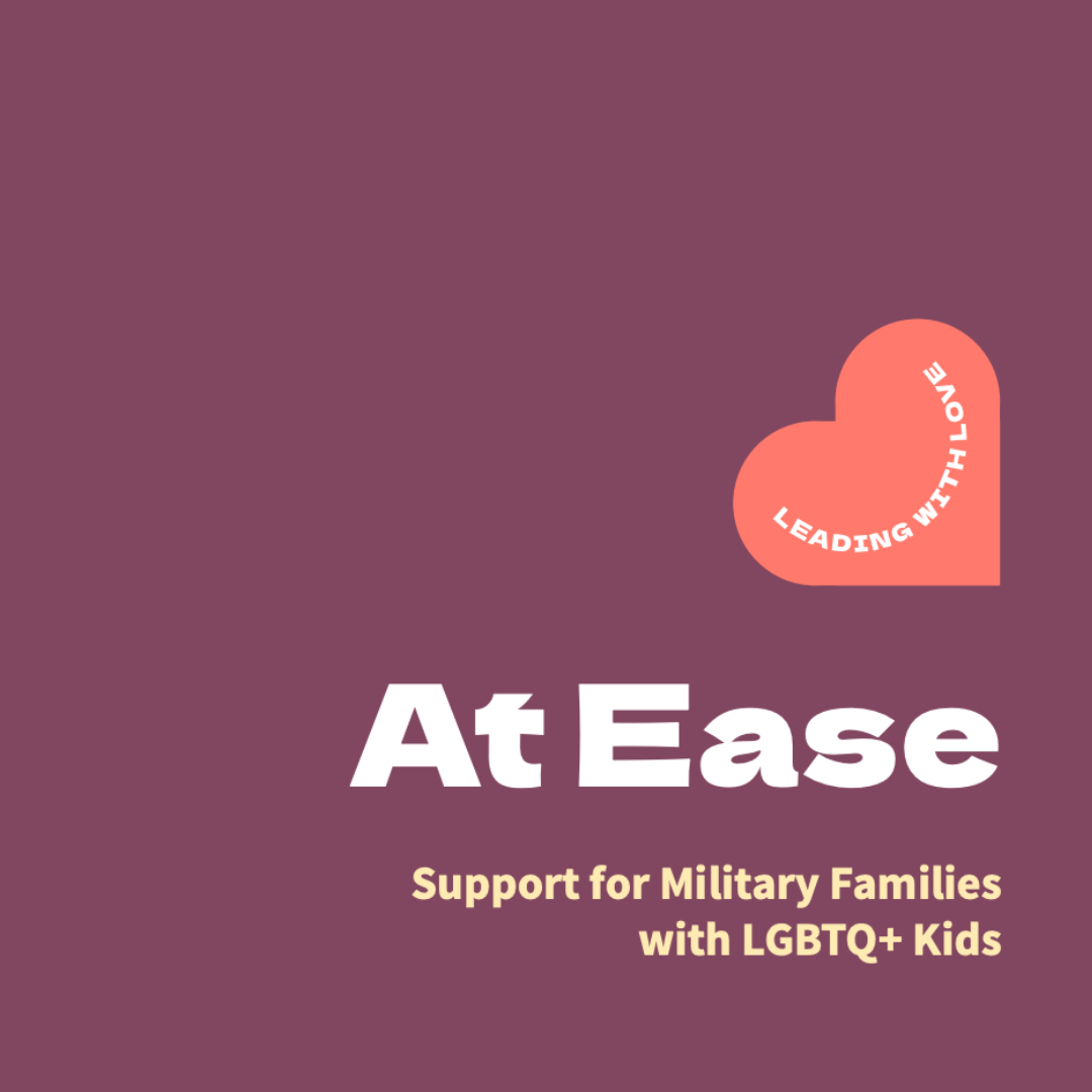 A purple cover image with white and light yellow text for the PFLAG National publication: "At Ease"