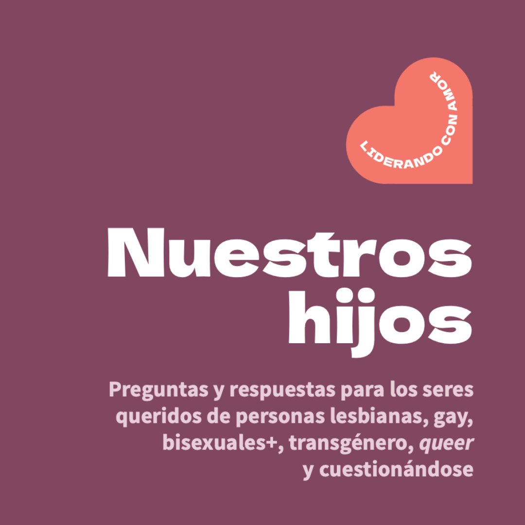 A purple cover image with white and light purple text for the PFLAG National publication: "Nuestros hijos"