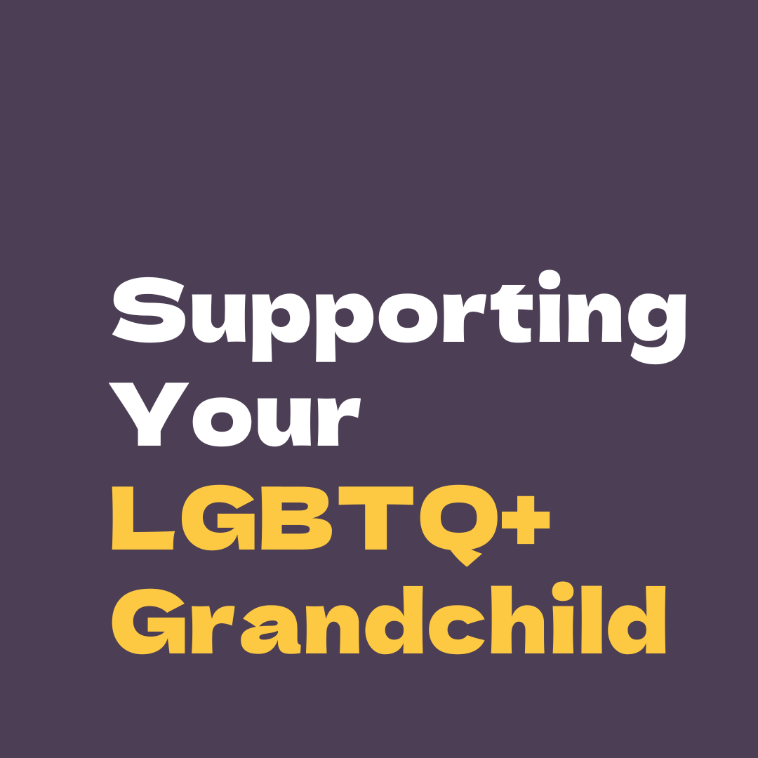 A dark purple cover image with white and yellow text for the PFLAG National publication: "Supporting Your LGBTQ+ Grandchild"