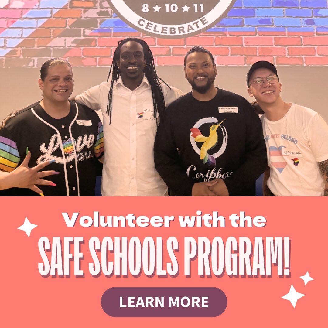 A coral-filtered photo of four people who are a mix of races and genders standing together smiling. Beneath the photo is a coral background with white stars and text that says, "Volunteer with the Safe Schools Program!" and a purple button with the words "Learn More."